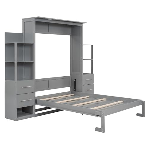 Full Size Murphy Bed with Drawers, Cabinets and USB Ports, Gray D589081