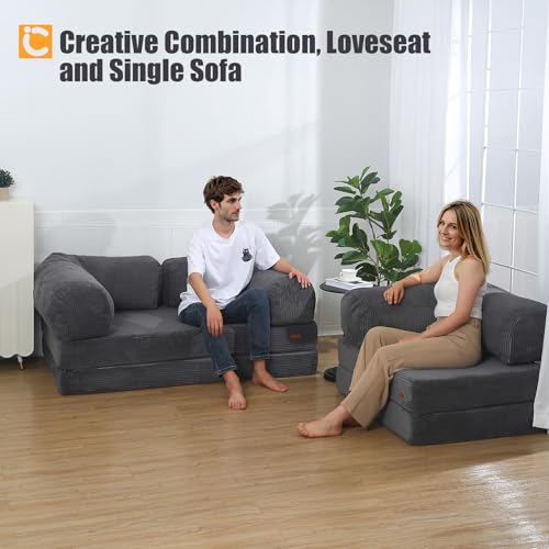 COMAX Folding Sofa Bed Convertible Chair Bed Corduroy 3-in-1 Floor Couch, Dark Grey E940