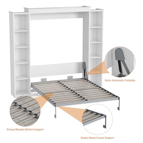Queen Murphy Bed with Storage Bookcase & Adjustable Shelves, Foldable Wall Bedframe, White U7258