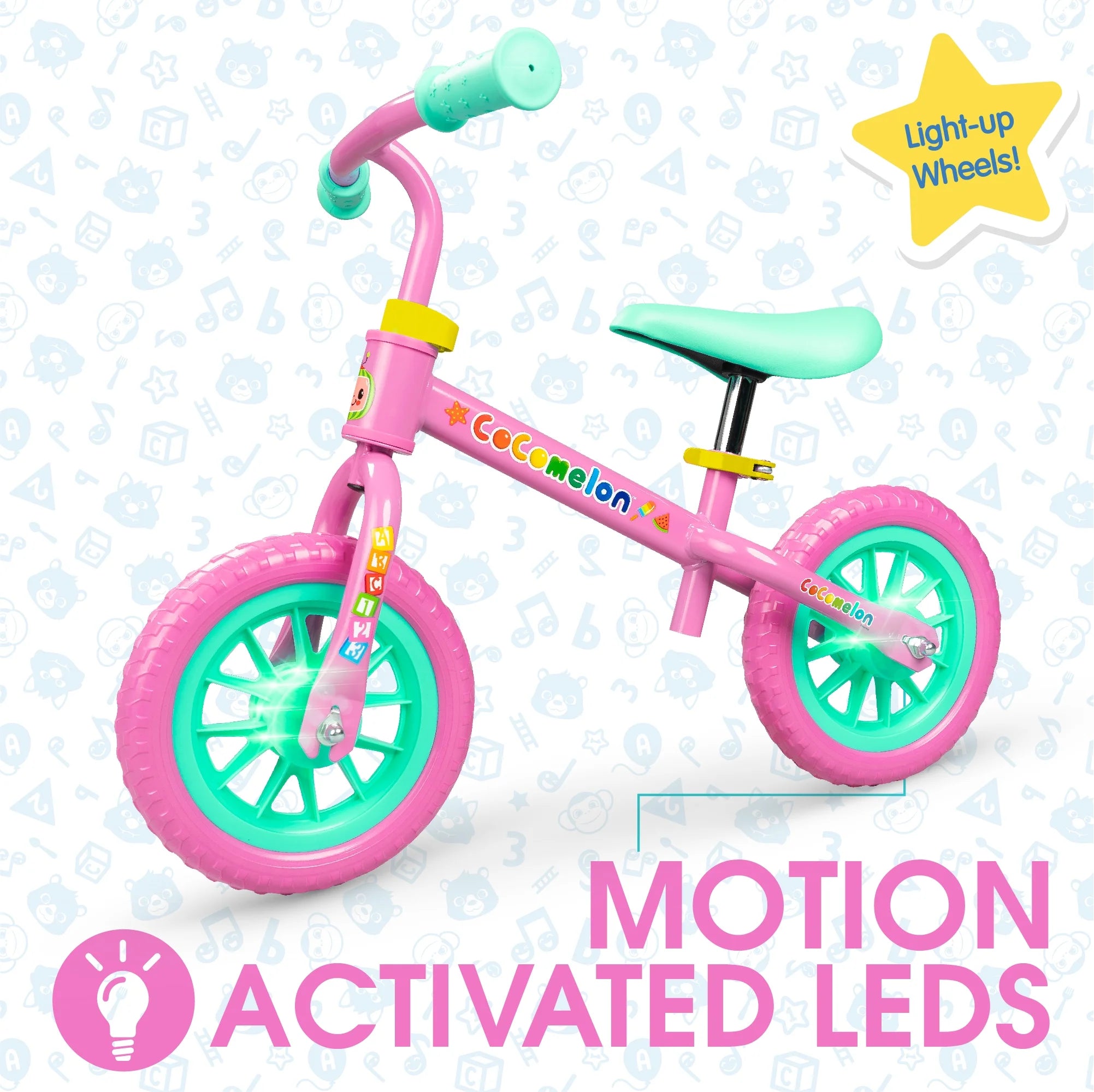 Cocomelon Toddlers Balance Bike with Adjustable Helmet, Light-up Wheels, Blue W771