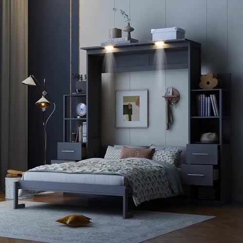 Harper & Bright Designs Gray Queen Murphy Bed with Storage Shelves and LED Light P300147