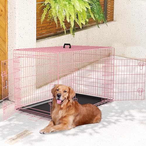 FDW Dog Crate for Large Dogs 48 Inch Folding Metal Wire Cage Double Door N1299