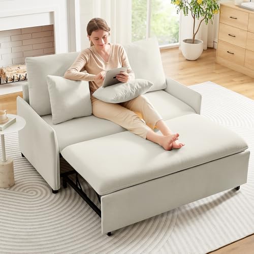 55" 3-in-1 Convertible Sleeper Sofa Bed with Adjustable Backrest, Chenille, Beige R49011