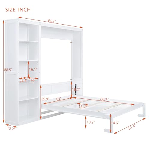 Merax Queen Murphy Bed with Storage Shelves, Foldable Wall Bed, White V837