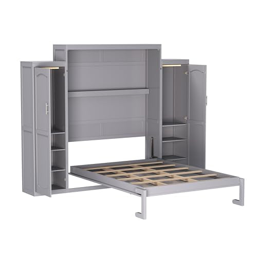 Queen Size Murphy Bed Wall Cabinet with 2 Wardrobes and Storage Shelf, White E955210