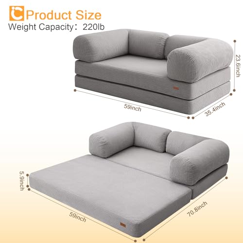 COMAX Folding Sofa Bed Convertible Chair Bed Corduroy 3-in-1 Floor Couch, Dark Grey E940