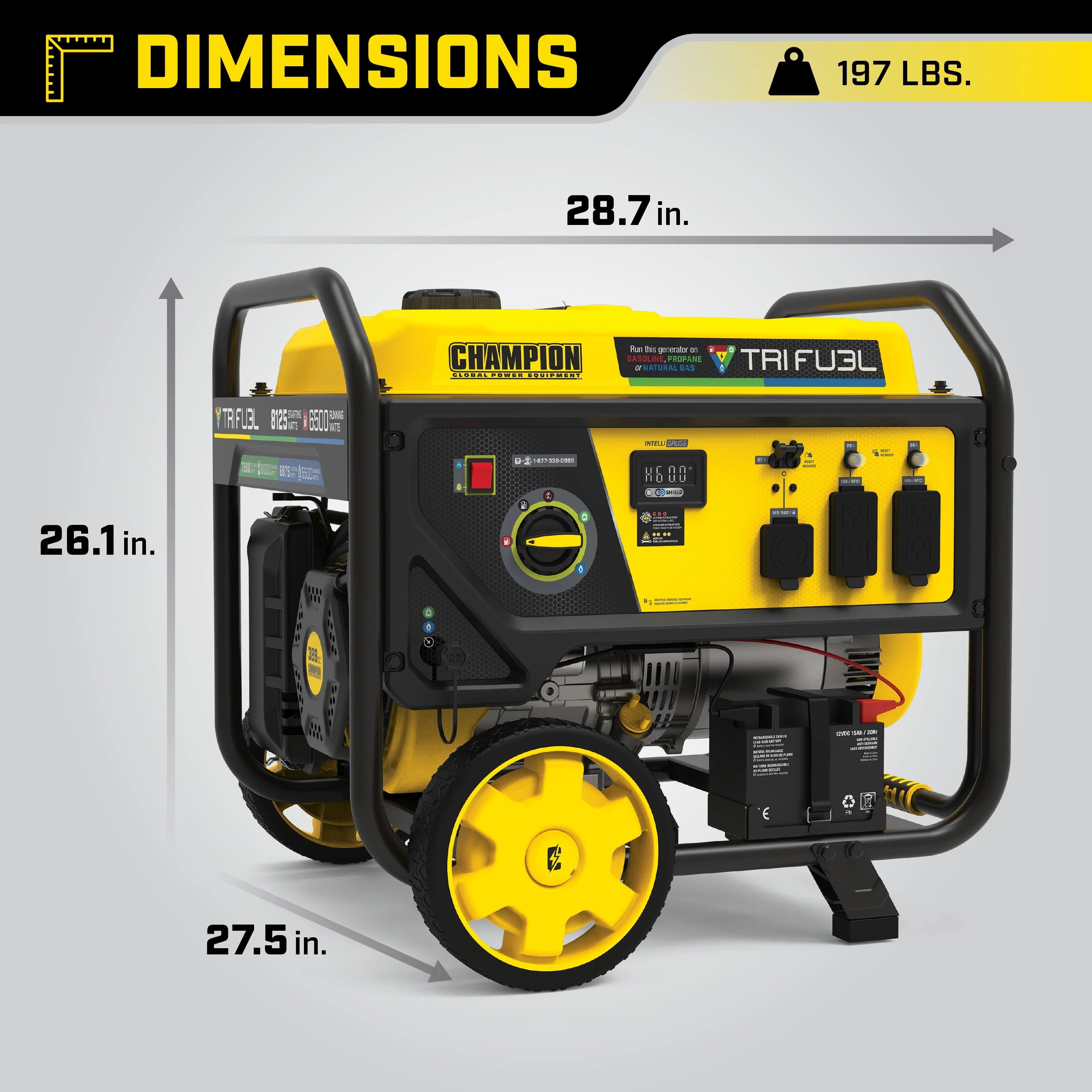 Champion Power Equipment 6500-Watt Tri-Fuel Portable Generator with CO Shield and Electric Start I89983