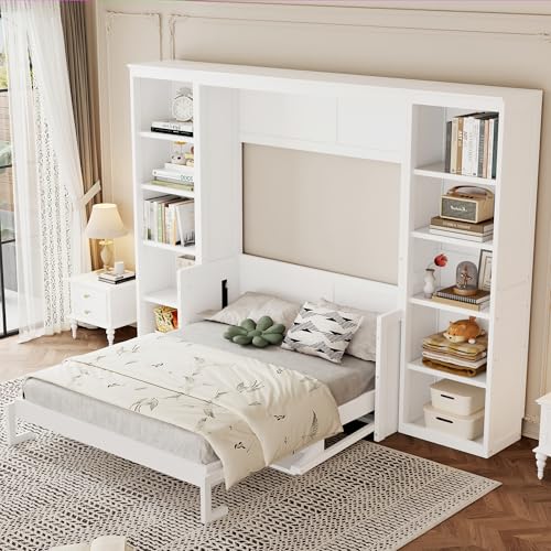 SOFTSEA Full Size Murphy Bed with Desk and Shelves, White F195