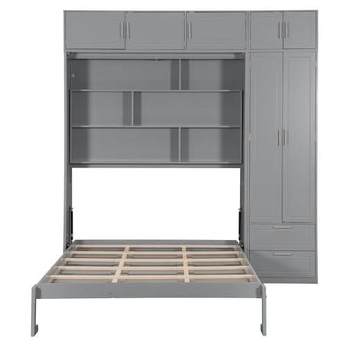 Merax Queen Murphy Bed with Shelves and Wardrobe, White A610744