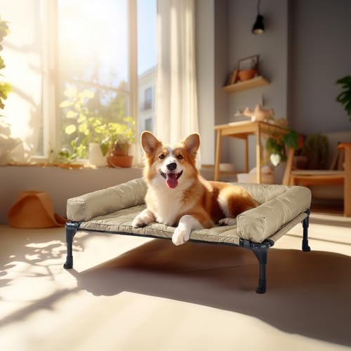 Veehoo Elevated Dog Bed with Removable Waterproof Bolster Cushion, Breathable Mesh, Indoor Outdoor, 42x30 inches, Beige U875430