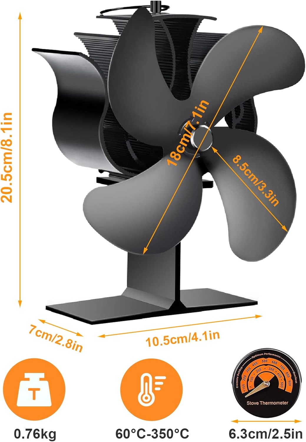 Heat Powered Stove Fan, 4 Blades, Non-Electric for Wood Stove Fireplace, Pack of 2 H138512