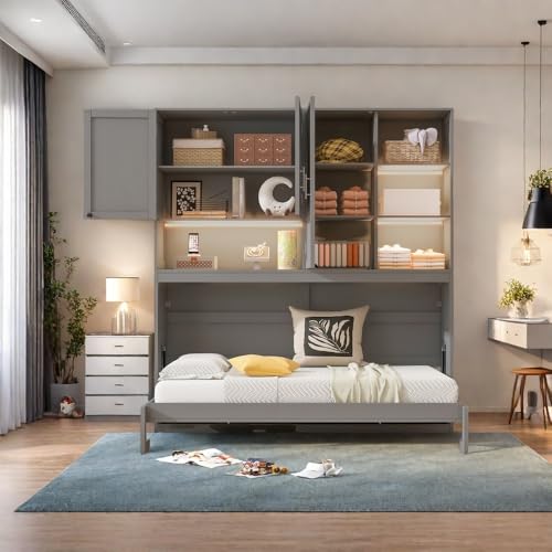 SOFTSEA Twin Murphy Bed Frame with Storage, Foldable Wall Bed, Gray I79151