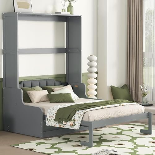 MERITLINE Queen Murphy Bed with Couch and Storage Shelves, White M951