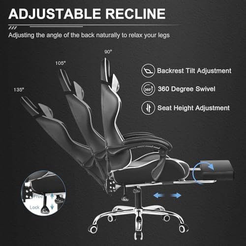 GTPLAYER Gaming Chair with Footrest and Lumbar Support, White S774