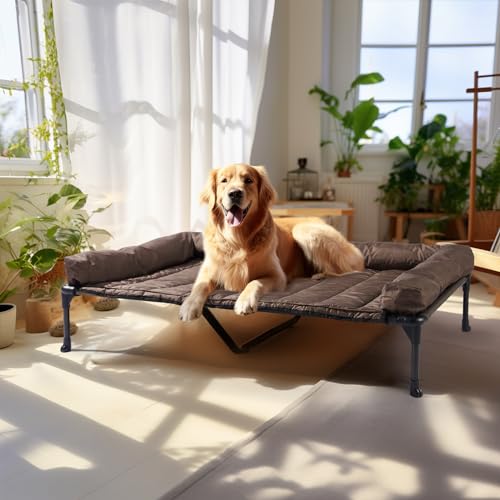 Veehoo Elevated Dog Bed with Removable Waterproof Bolster Cushion, Breathable Mesh, Indoor Outdoor, 42x30 inches, Beige U875430