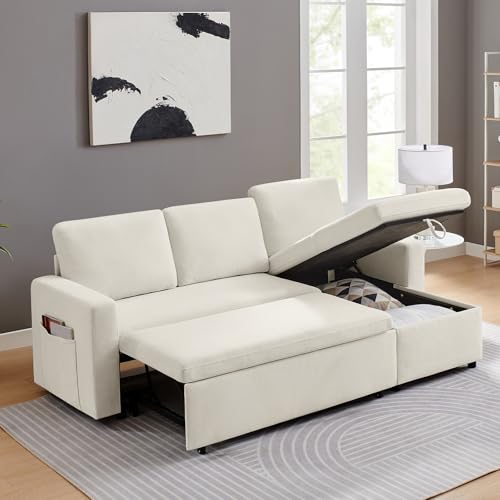 55" 3-in-1 Convertible Sleeper Sofa Bed with Adjustable Backrest, Chenille, Beige R49011