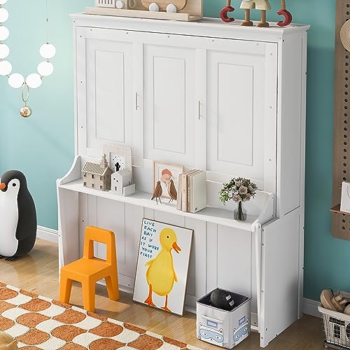 Queen Size Murphy Bed Wall Cabinet with 2 Wardrobes and Storage Shelf, White E955210