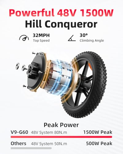 V9-G60 Peak 1500W Ebike 48V 20Ah Removable Battery 20" Fat Tire Electric Bike L66806