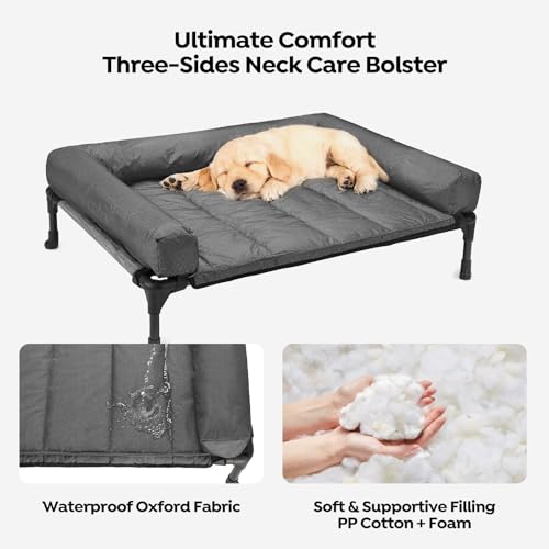 Veehoo Elevated Dog Bed with Removable Waterproof Bolster Cushion, Breathable Mesh, Indoor Outdoor, 42x30 inches, Beige U875430