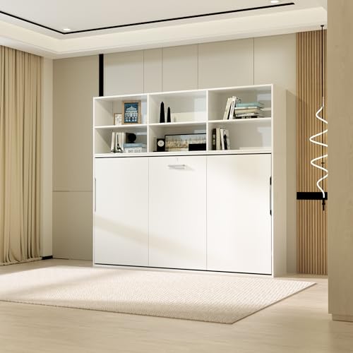 White Full Size Murphy Bed Cabinet with Shelf and Drawers Y948