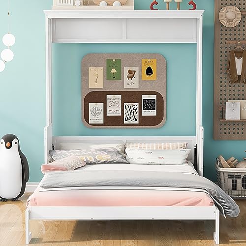 Queen Size Murphy Bed Wall Cabinet with 2 Wardrobes and Storage Shelf, White E955210