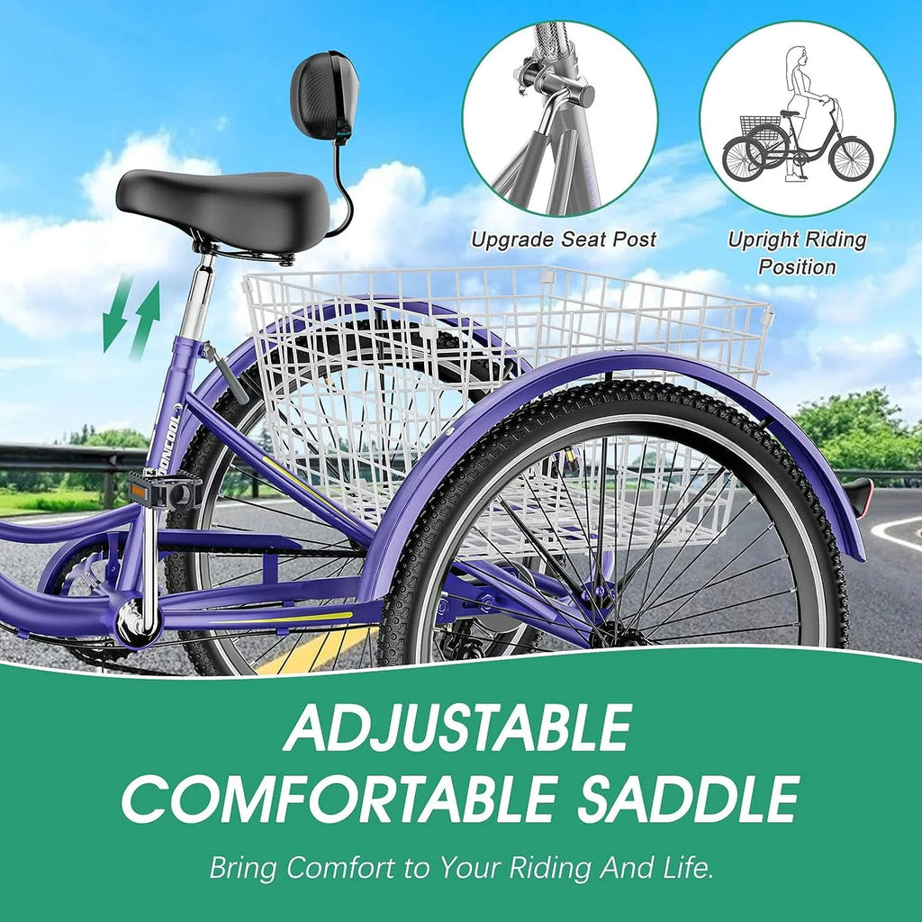 FICISOG 26 Adult Tricycle, 3 Wheel 7 Speed, 450lbs Capacity with Basket X547