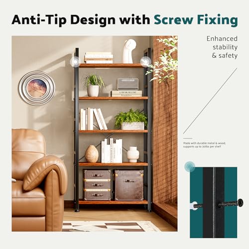 5 Tier Tall Bookcase Bookshelf Organizer Storage Unit Rustic Brown G866