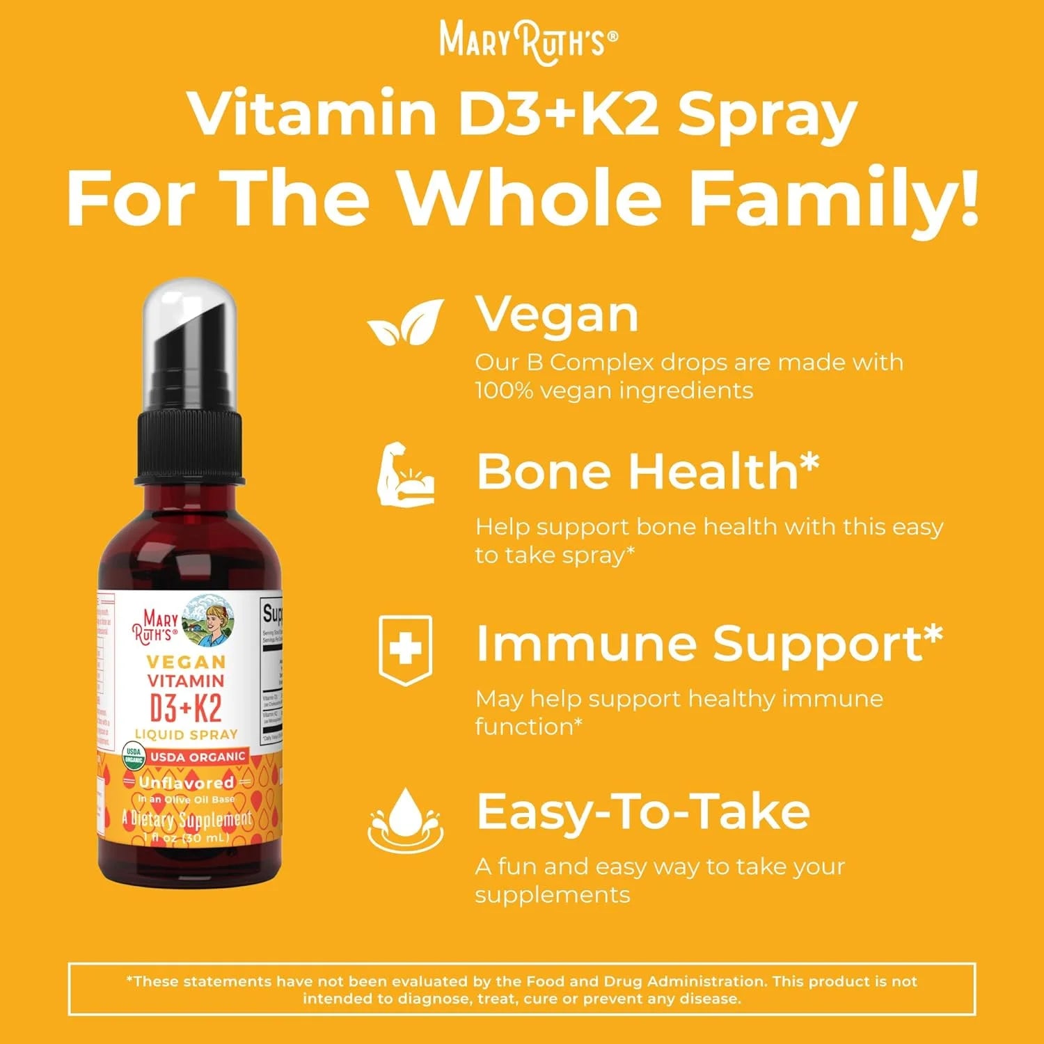 MaryRuth Organics Vitamin D3+K2 Spray, Vegan Liquid Supplement, 1 fl oz E7324