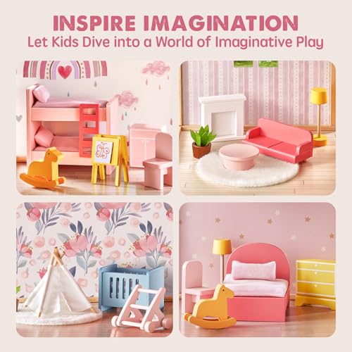 Tiny Land Wooden Dollhouse for Girls with 31Pcs Furniture Accessories, Green L263