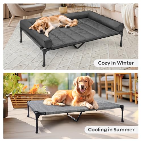 Veehoo Elevated Dog Bed with Removable Waterproof Bolster Cushion, Breathable Mesh, Indoor Outdoor, 42x30 inches, Beige U875430