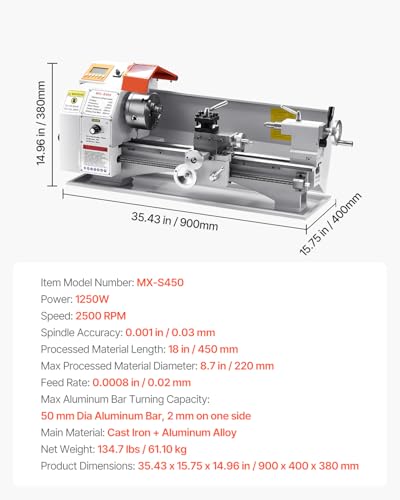 VEVOR Metal Lathe Machine, 8.7 x 18 in, Precision Bench Lathe, 0-2500 RPM Variable Speed P21296