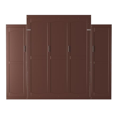 Queen Size Murphy Bed Wall Cabinet with 2 Wardrobes and Storage Shelf, White E955210