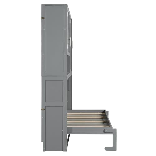 PURLOVE Wood Twin Murphy Bed with Light and USB, Gray W600663