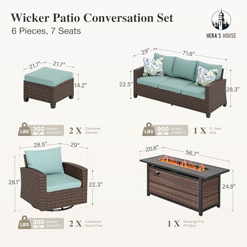 HERA'S HOUSE Patio Furniture Set with 56" Fire Pit Table, 6 Pieces 7 Seats Wicker Sectional Z546196
