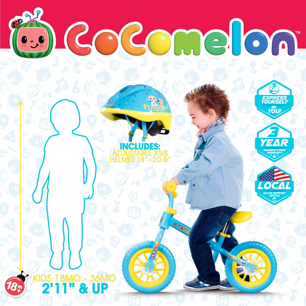 Cocomelon Toddlers Balance Bike with Adjustable Helmet, Light-up Wheels, Blue W771