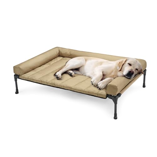 Veehoo Elevated Dog Bed with Removable Waterproof Bolster Cushion, Breathable Mesh, Indoor Outdoor, 42x30 inches, Beige U875430