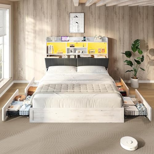 Farmhouse Bed Frame with Bookcase Headboard, LED Storage, Black G550865