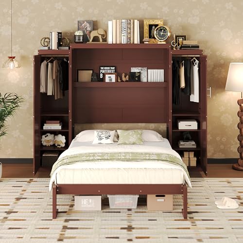 Harper & Bright Designs Full Murphy Bed with Two Closets and Storage Shelf, Walnut P2065