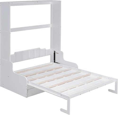 MERITLINE Queen Murphy Bed with Couch and Storage Shelves, White M951