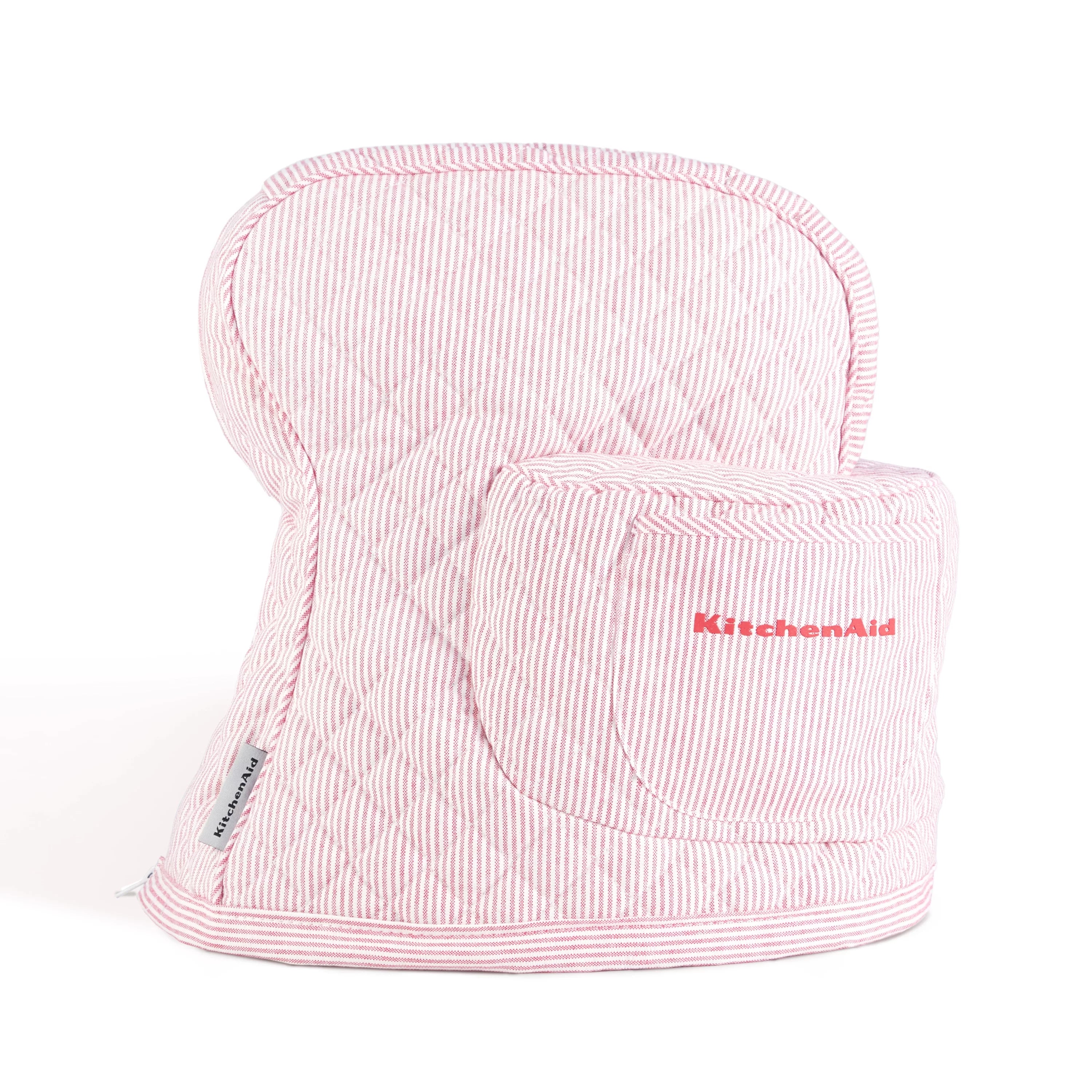 KITCHENAID Fitted Tilt-Head Ticking Stripe Stand Mixer Cover with Storage Pocket, Quilted 100% Cotton, Hibiscus Pink, 14.4"x18"x10"