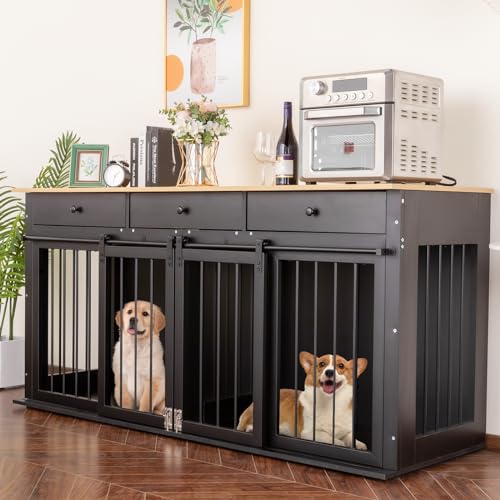 Sunseen Dog Crate Furniture Large Breed Wooden Kennel with Room Divider & 3 Drawer, Double Doors, Black F4828
