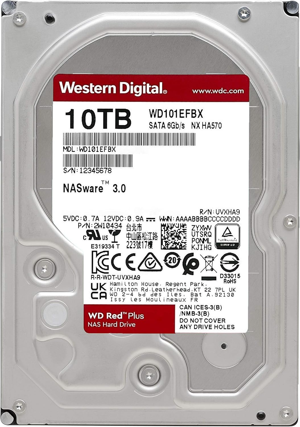 WD 10TB WD Red Plus NAS Internal Hard Drive HDD 7200 RPM SATA 6 Gb/s CMR 256 MB Cache 3.5 D12791