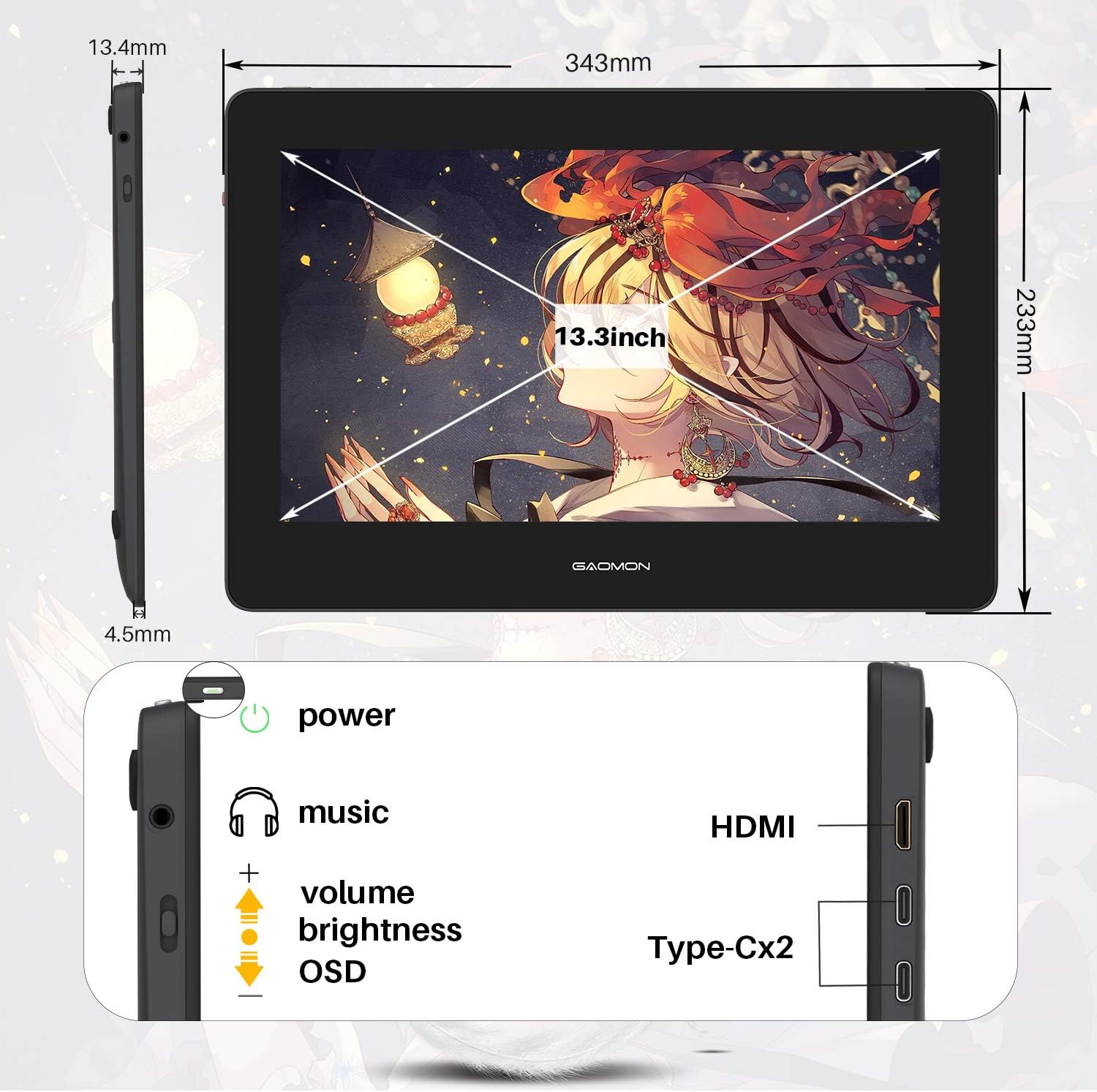 GAOMON PD1320 13.3 Inch Graphics Drawing Tablet with Pen Display, Gray J4203