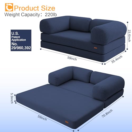 COMAX Folding Sofa Bed Convertible Chair Bed Corduroy 3-in-1 Floor Couch, Dark Grey E940