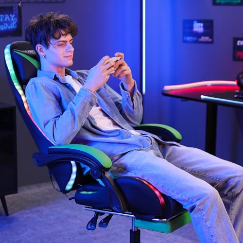 HOFFREE RGB Gaming Chair with Speakers and Footrest, Blue and Black B69323