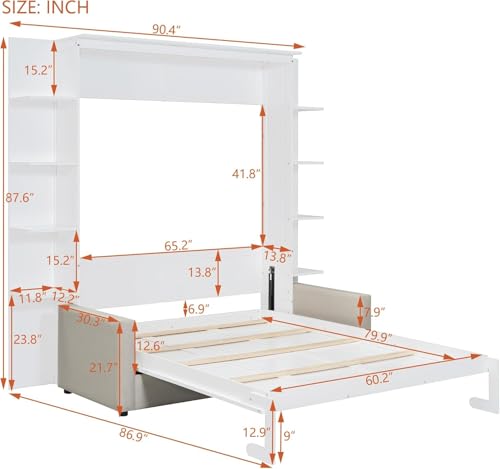 Queen Murphy Bed with Couch and Storage Shelves, Wood Cabinet, Grey I683551