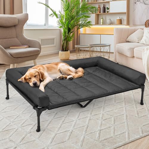 Veehoo Elevated Dog Bed with Removable Waterproof Bolster Cushion, Breathable Mesh, Indoor Outdoor, 42x30 inches, Beige U875430