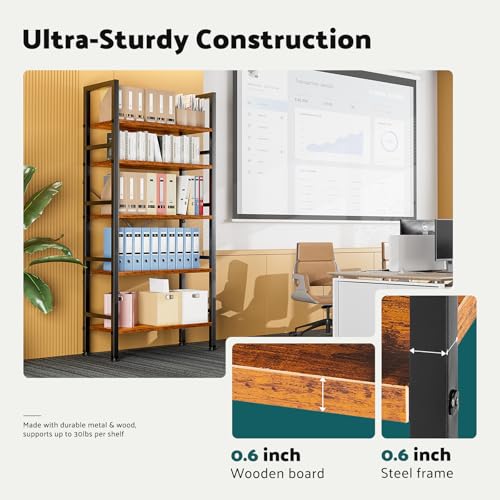 5 Tier Tall Bookcase Bookshelf Organizer Storage Unit Rustic Brown G866