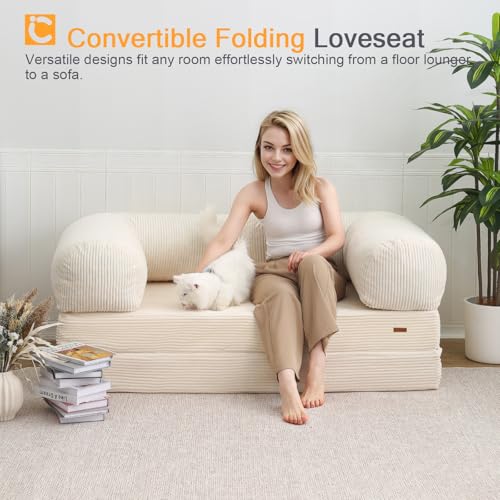 COMAX Folding Sofa Bed Convertible Chair Bed Corduroy 3-in-1 Floor Couch, Dark Grey E940