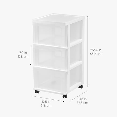 IRIS USA Plastic 3-Drawer Rolling Storage Cart with Wheels, White/Clear Y619